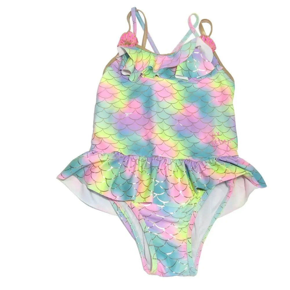 Betsey Johnson Girls Mermaid Swimsuit S 7/8 Rainbow Scale Ruffle Shells Pilling